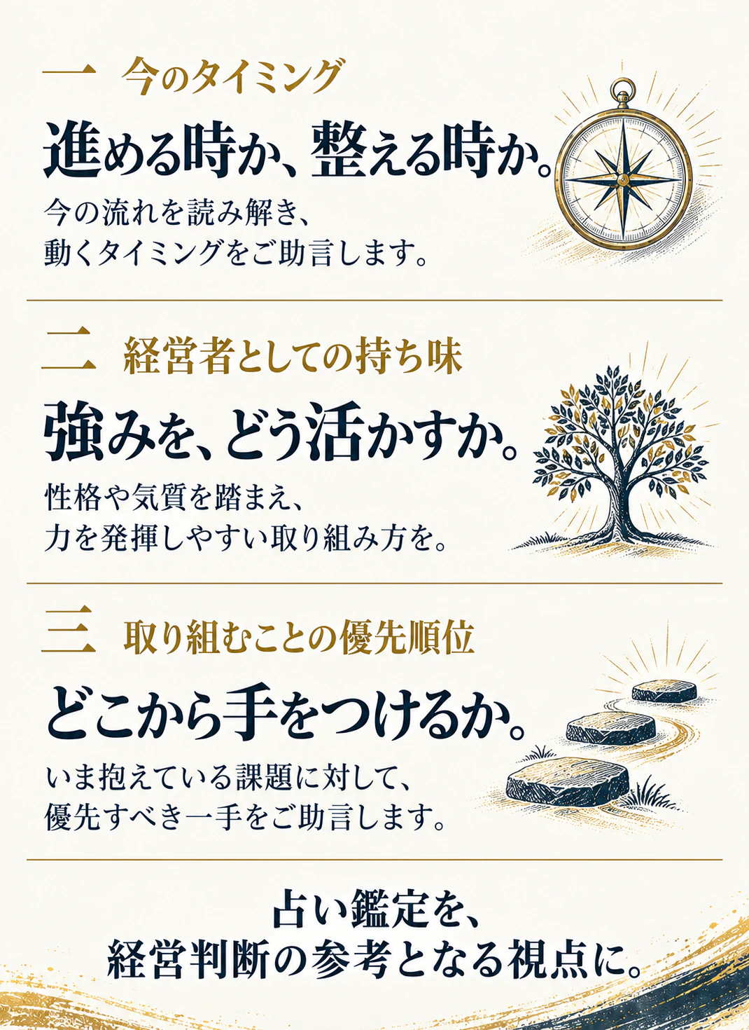 一 今のタイミング。進める時か、整える時か。今の流れを読み解き、動くタイミングをご助言します。二 経営者としての持ち味。強みを、どう活かすか。性格や気質を踏まえ、力を発揮しやすい取り組み方を。三 取り組むことの優先順位。どこから手をつけるか。いま抱えている課題に対して、優先すべき一手をご助言します。占い鑑定を、経営判断の参考となる視点に。